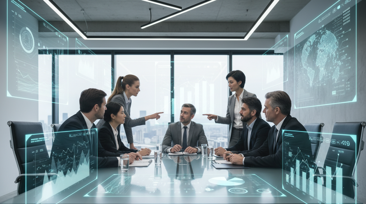 High-impact, professional, and modern team of experts with digital data overlays.	