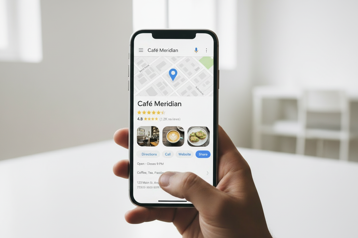 phone browsing business profile on google maps