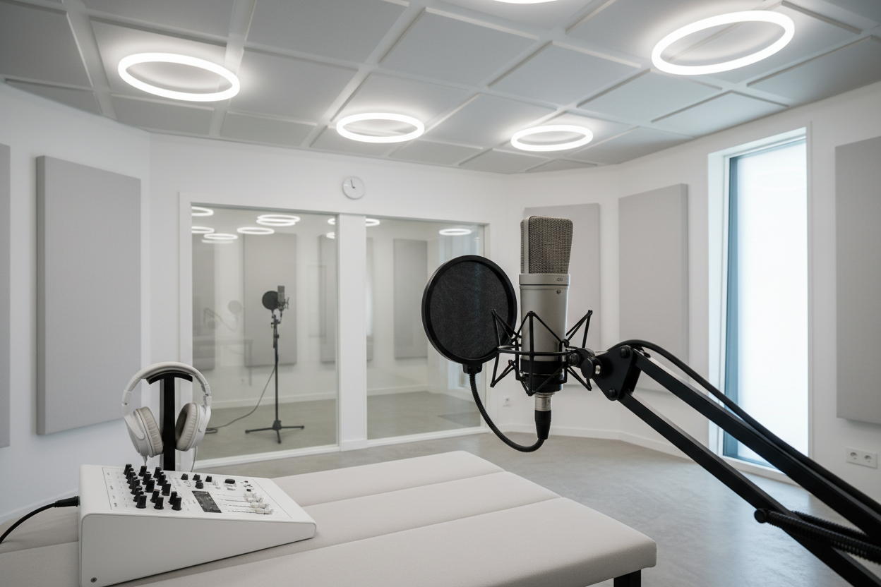 professional microphone in a white music recording studio