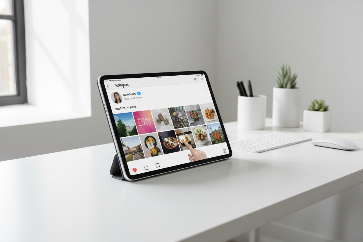 tablet with instagram profile browsing in a white office