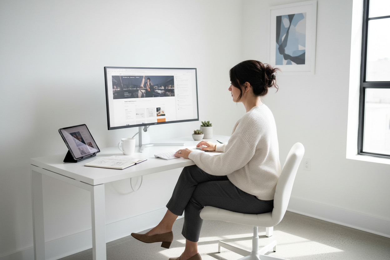 web designer working on a computer in a white office